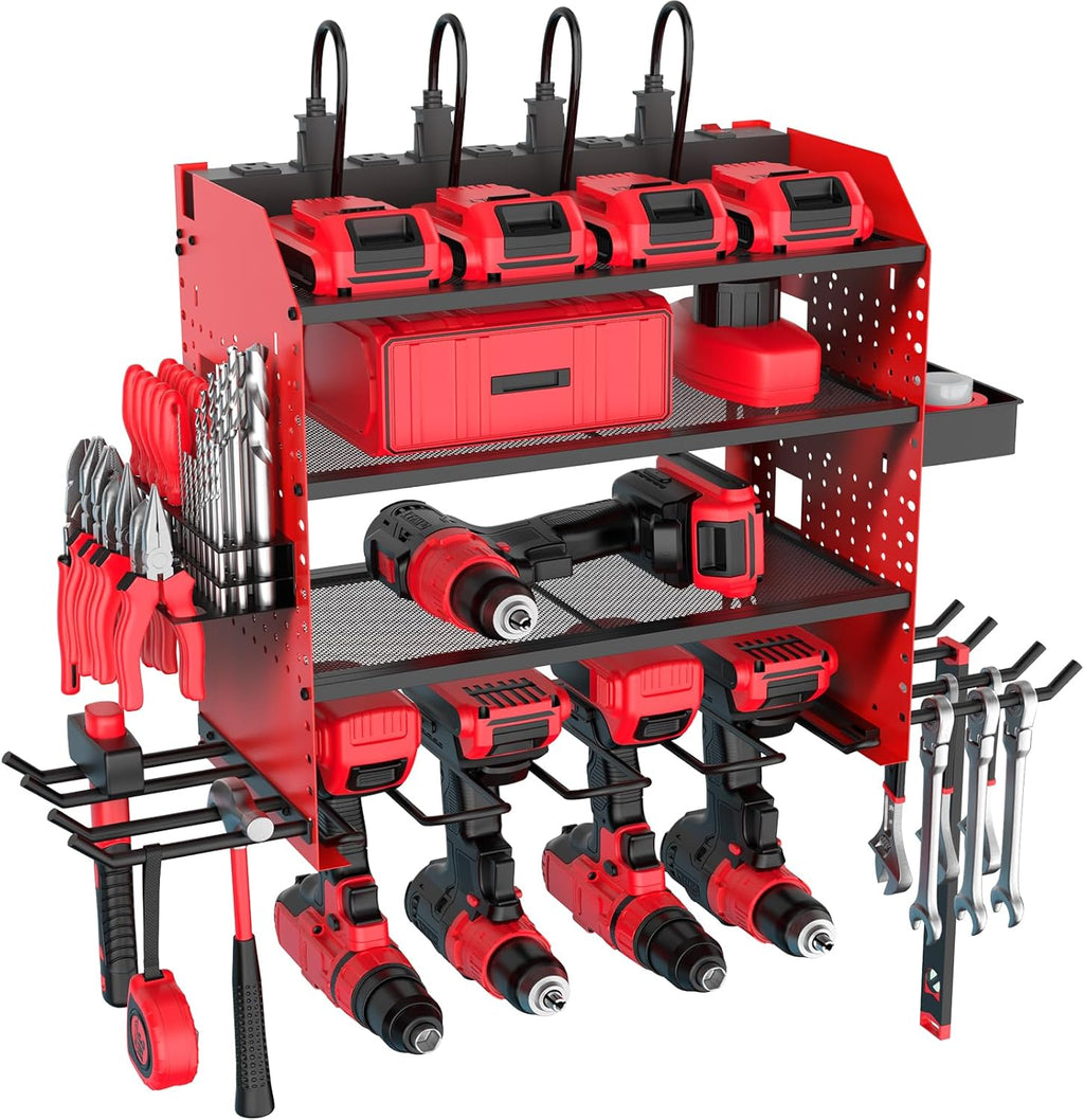 Power Tool Organizer by Heavy Duty - Wall Mount with Charging Station & Adjustable Shelves | Holds 4 Drills