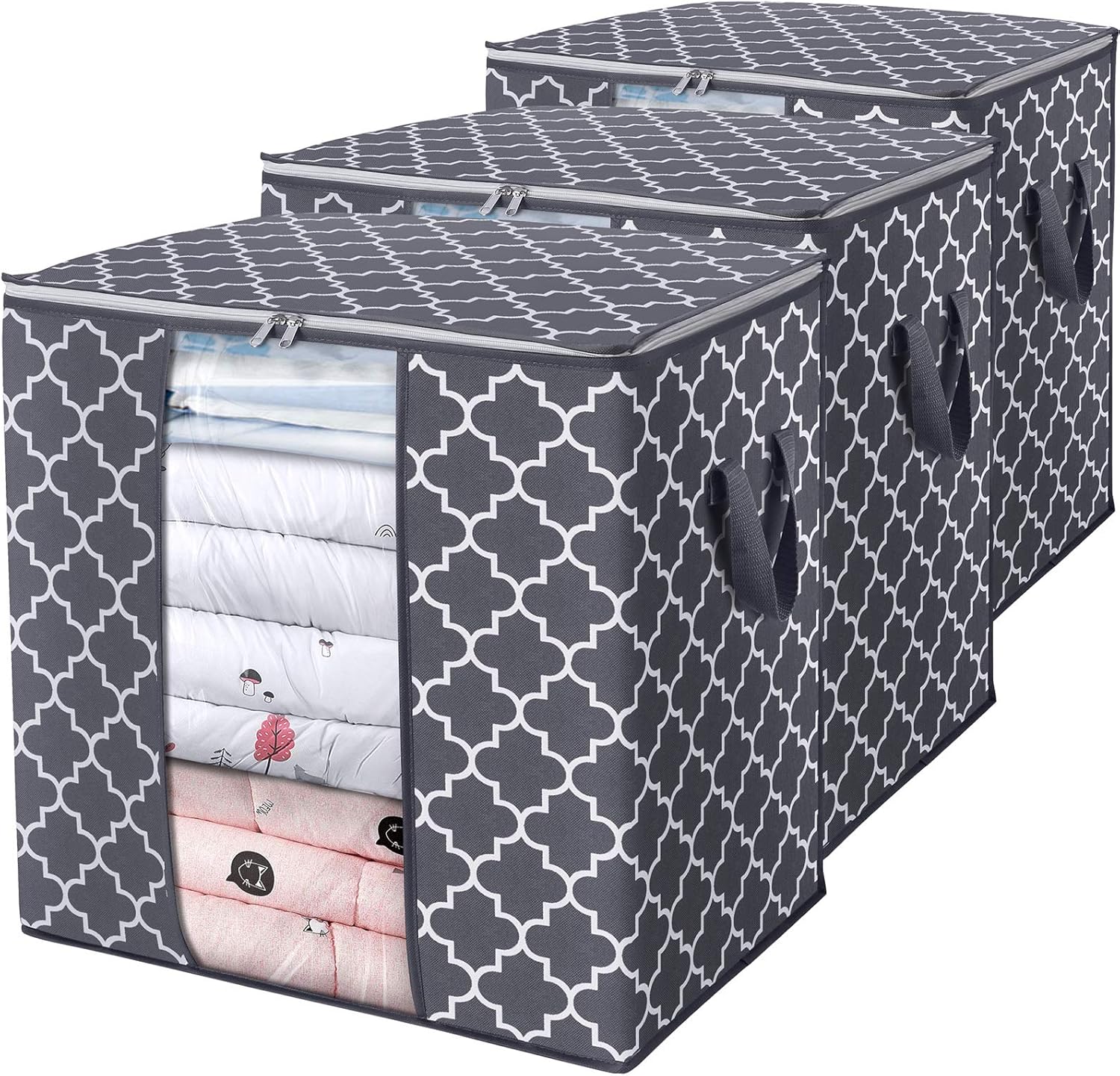 WISELIFE Storage Bags - Large 100L Blanket & Clothes Organizer | Foldable Design with Reinforced Handles, Clear Window, Gray