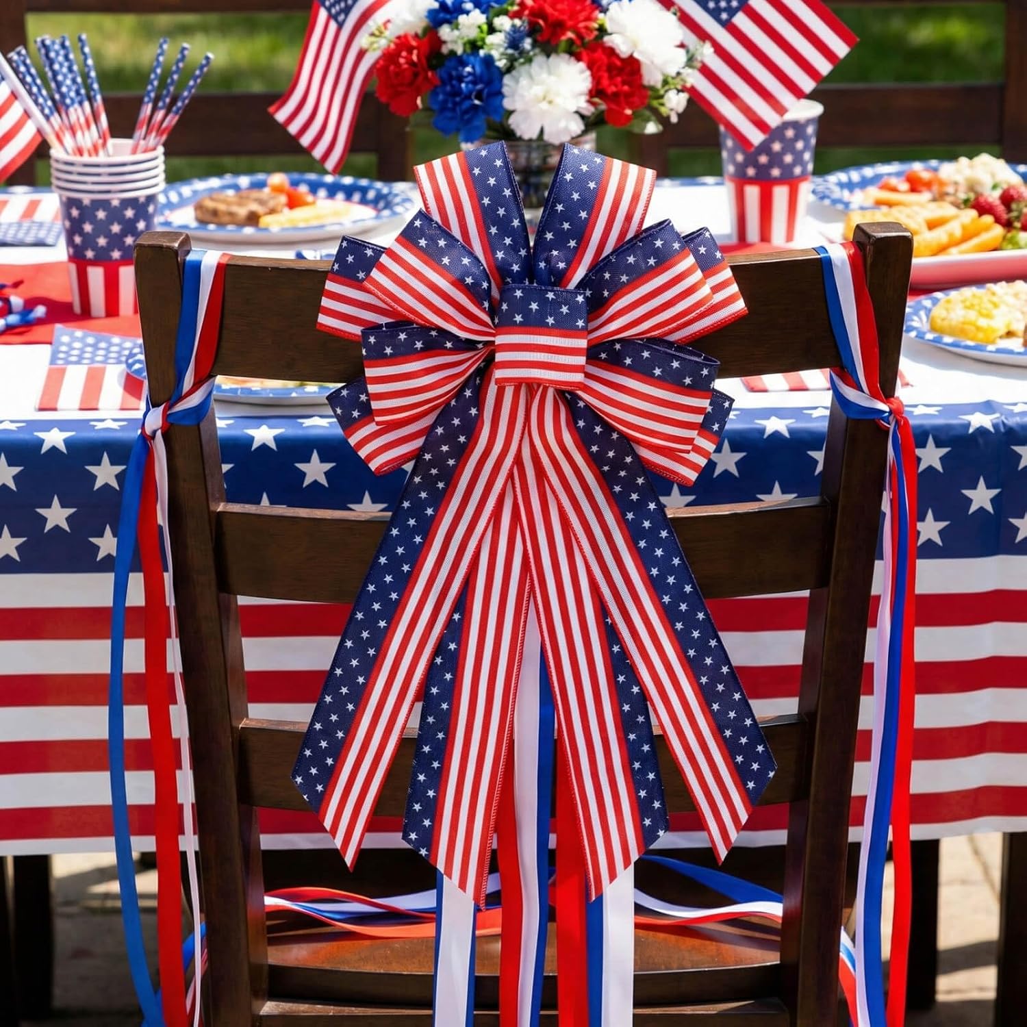 Patriotic Classic Bow - Large 20.87" Red, White & Blue Wired Edge Bow for Wreaths & Front Doors