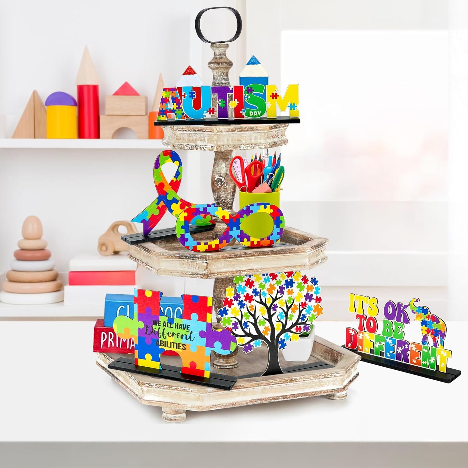 Skiennix 6Pcs Autism Awareness Wood Tiered Tray Centerpieces - Inspirational Puzzle Piece Decor