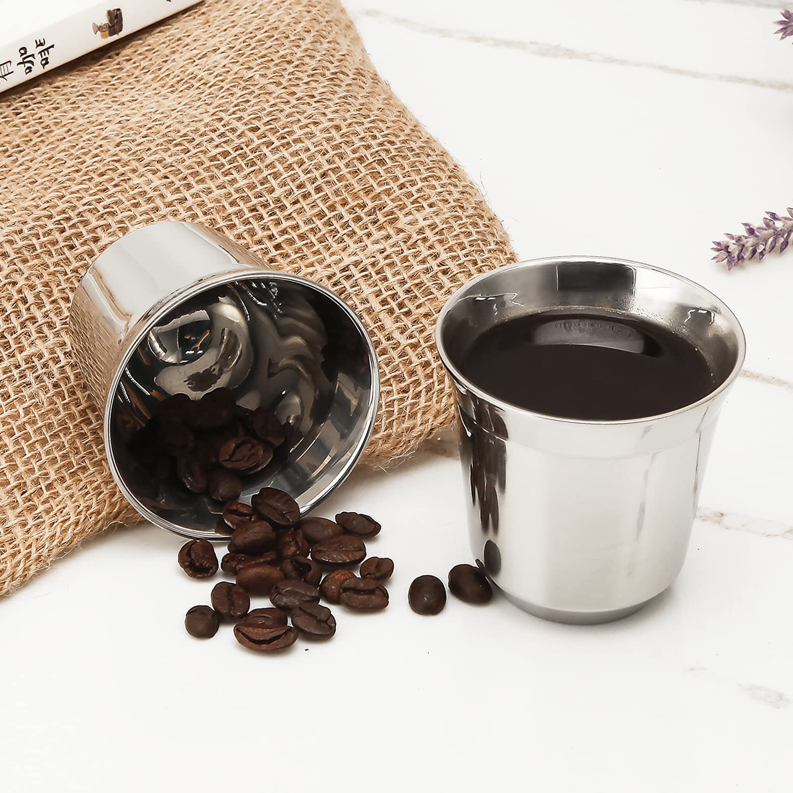 Easyworkz Pedro Stovetop Espresso Maker 6Cup 300ml, Bundled Stainless Steel Espresso Cup 2pcs Set Double Wall Insulated Metal Demitasse Cups 2.5 oz