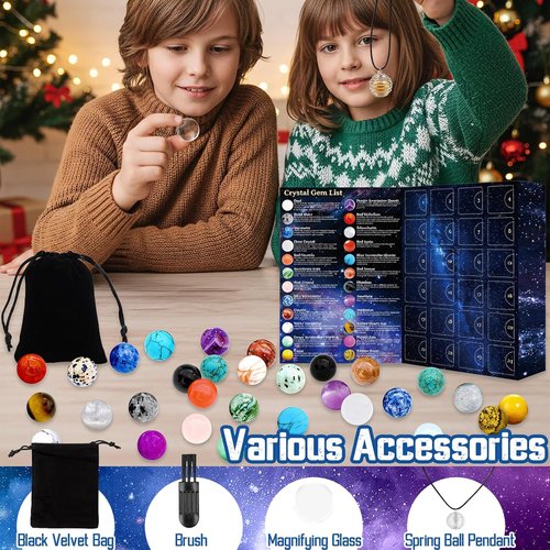 Hiawbon Gemstone Advent Calendar 2025 - Crystal Healing Rocks with Keychain Necklace | 24-Day Countdown