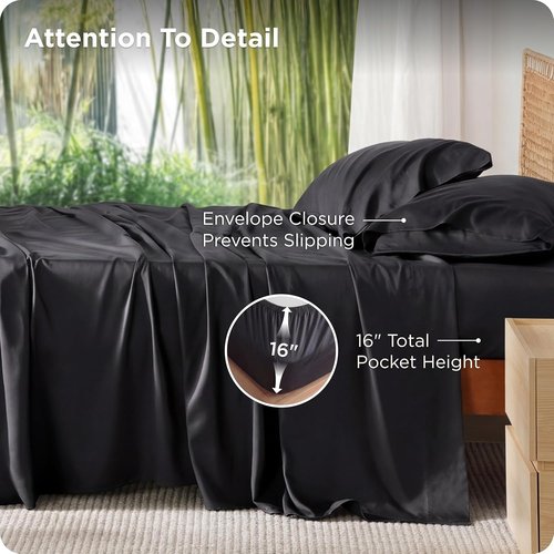 Bedsure Cooling California King Sheet Set - Breathable Rayon from Bamboo, Soft & Silky, Deep Pocket Up to 16 Inches, Black