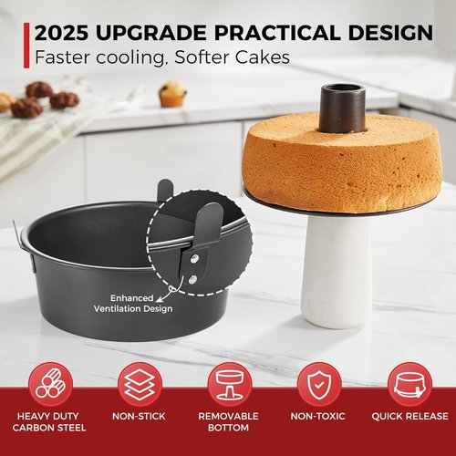 HONGBAKE 10-Inch Angel Food Cake Pan - Nonstick Removable Bottom Chiffon Cake Mold, Heavy Duty Dark Grey