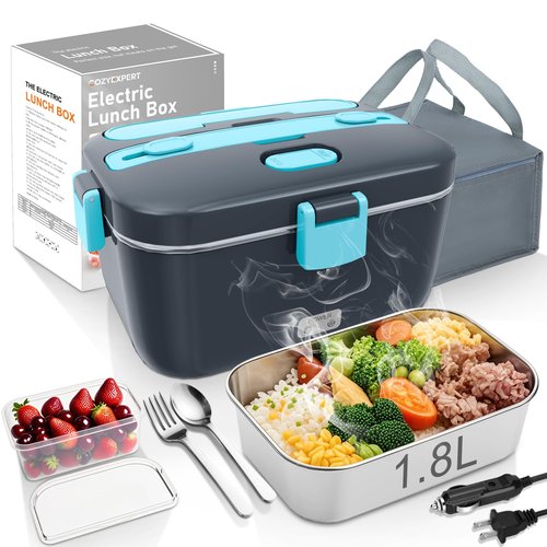 COZYEXPERT Electric-Lunch-Box-Heated-Food-Warmer 100W Heating Lunchbox for Adults 1.8L Portable Food Heater for Work/Car, 12V/24V/110-230V Lonchera Eléctrica Portátil with Fork Spoon (Gray+Blue)