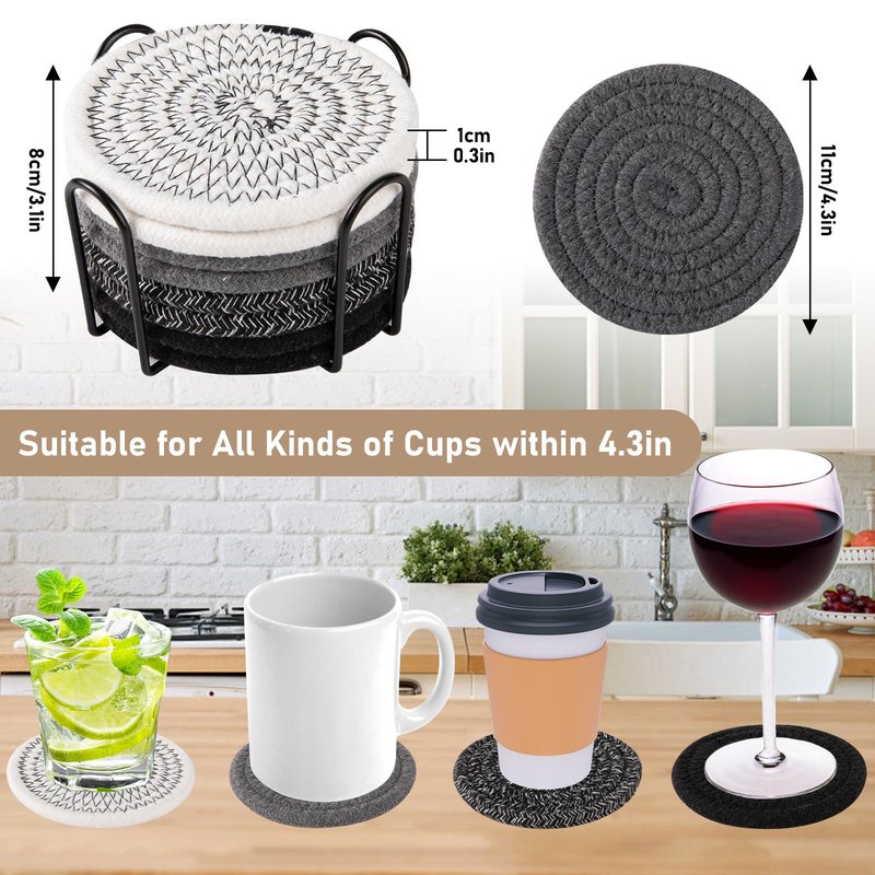 OIAHOMY 8 Pcs Coasters with Holder for Beer, Coffee, Woven Cotton Coaster Set for Table Decor for Kitchen, Bar, Dining Room, Living Room, Housewarming Gifts - Black