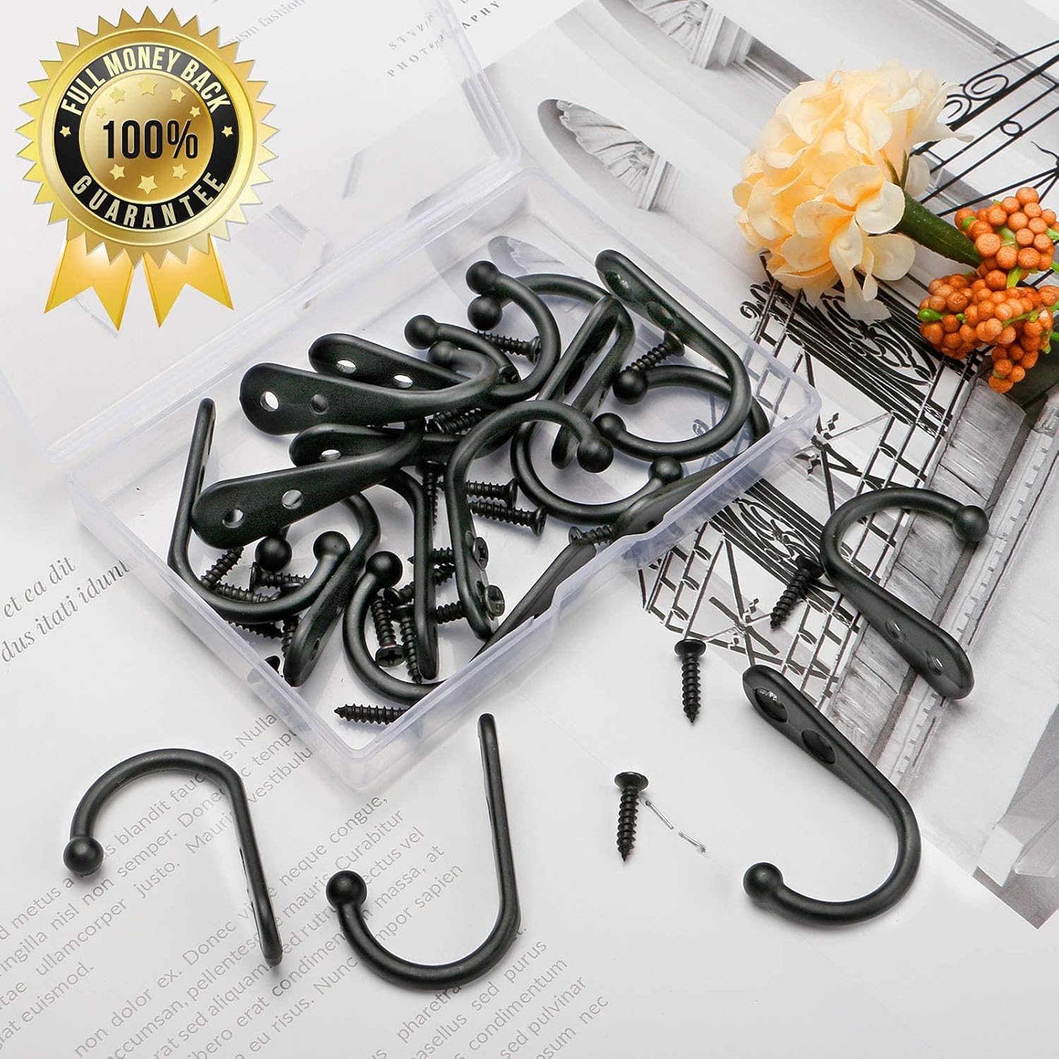 ZAYBOD Wall Mounted Coat Hooks - 15Pcs Black Hangers with 30 Screws for Hats, Towels, and Bags