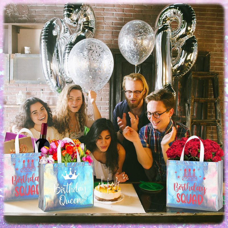 Clysee 10 Pack Reusable Birthday Squad Birthday Queen Gift Bag with Handle Large Tote Bag for Women(Iridescent Color)