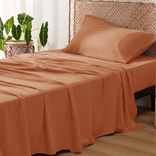 Bedsure Cooling Sheets - Twin XL Bamboo Rayon | Breathable & Soft Deep Pocket Bedding, Burnt Orange