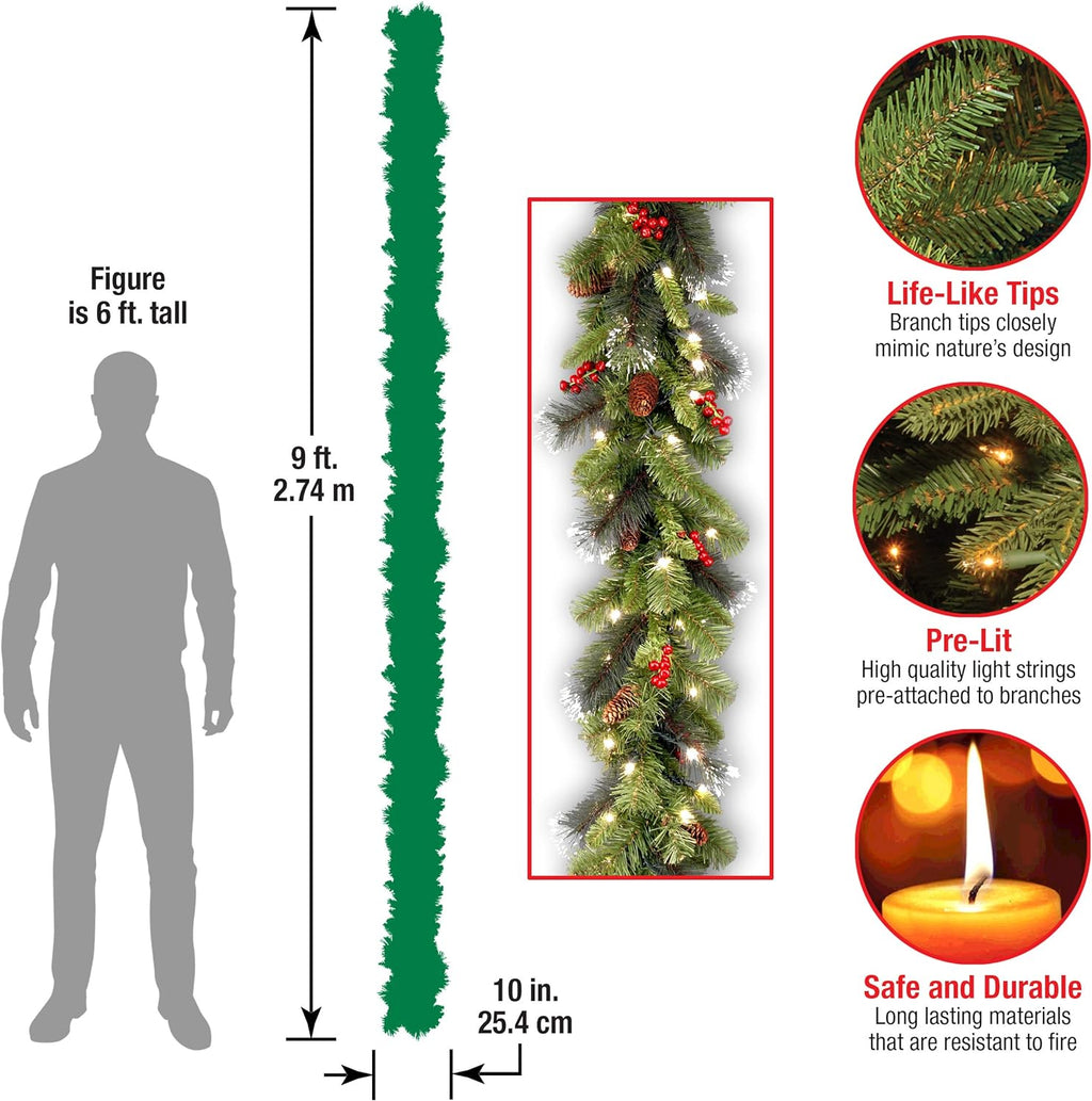 National Tree Company 9 Ft Pre-Lit Crestwood Spruce Christmas Garland - Glitter, Pinecones & 50 LED Lights