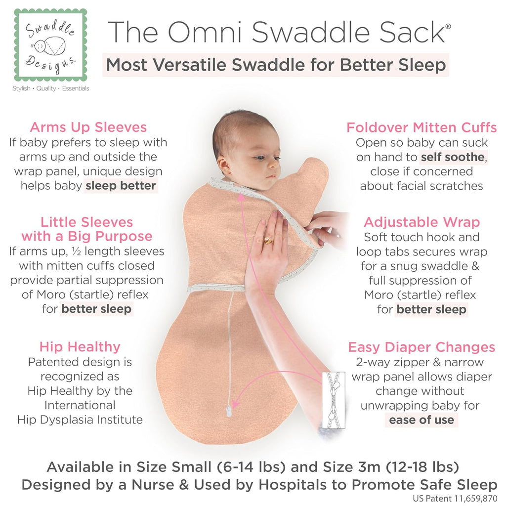 SwaddleDesigns 6-Way Omni Swaddle Sack - Arms Up Design for Newborns | Calms Startle Reflex, 12-18 lbs, Heathered Peach Blush