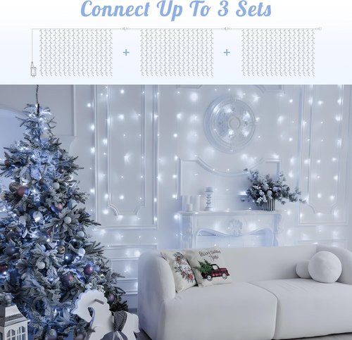 HEYFUNi LED Curtain Lights - 9.8Ft x 9.8Ft Outdoor Fairy Lights with 8 Modes - Perfect for Bedroom, Wedding, and Holiday Decor