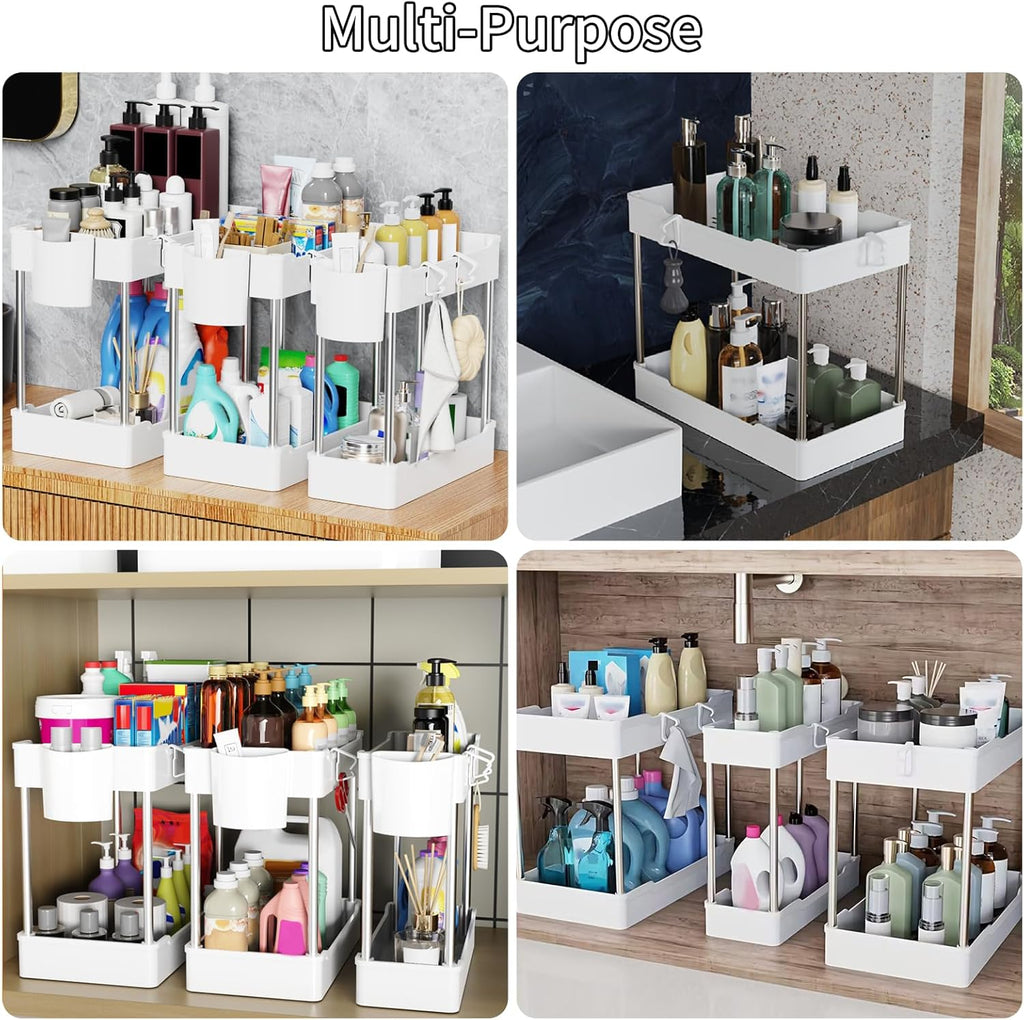 Skiennix 3-Pack Under Sink Organizers - 2-Tier Bathroom Cabinet Shelf with Hanging Cups | White