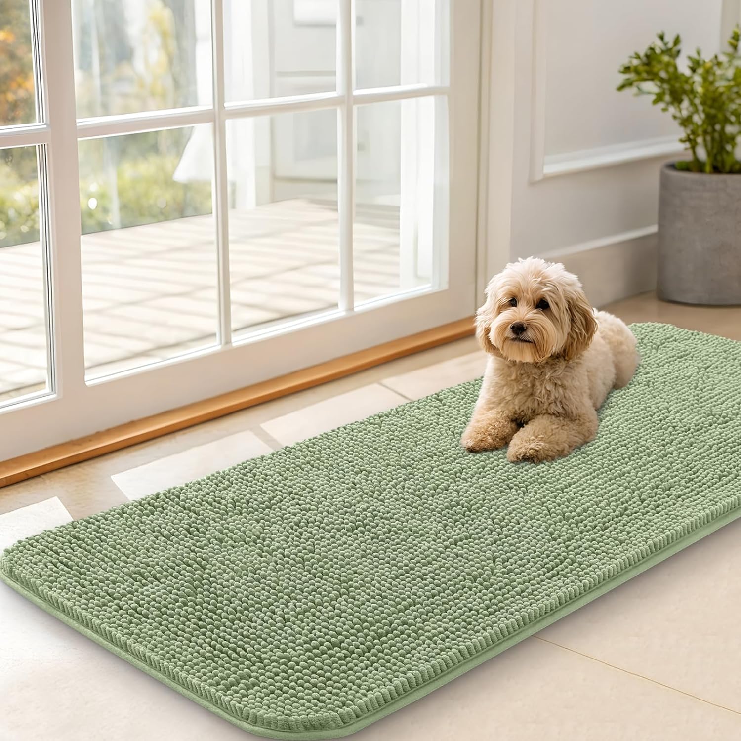 OLANLY Dog Door Mat - Absorbent Non-Slip Chenille Mud Mat for Indoor Use | 47x20, Sage Green