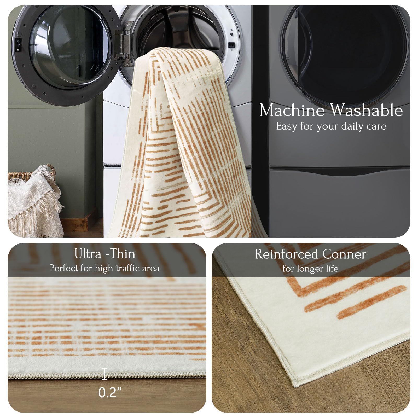 BLISSA Washable 5x7 Area Rugs - Soft Modern Throw Rug for Living Room Non-Slip Ultra-Thin Orange Lines Borderd Abstract Carpet for Bedroom Dining Room Rugs for Under Table Foyer Nursery Home Decor