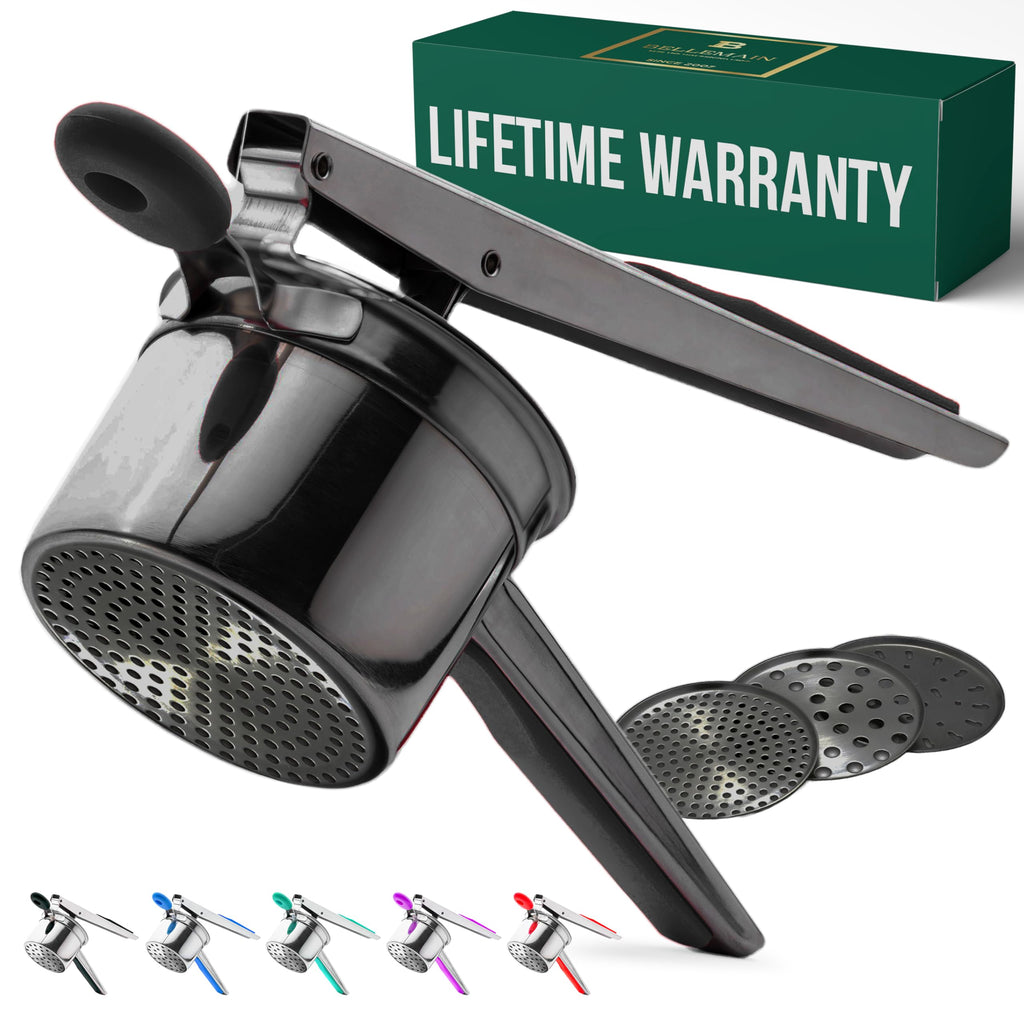 Bellemain 15 oz Large Potato Ricer | Heavy-Duty Stainless Steel Potato Ricer & Masher | Perfect for Mashed Potatoes | Ricer Kitchen Tool with 3 Interchangeable Discs (Metallic Black)