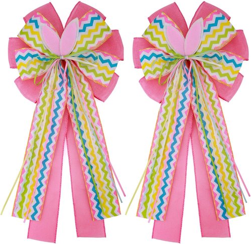 Meseey Large Easter Burlap Bow - 20 x 10 Inch Spring Bunny Rabbit Wreaths for Home Decor & Gift Wrapping