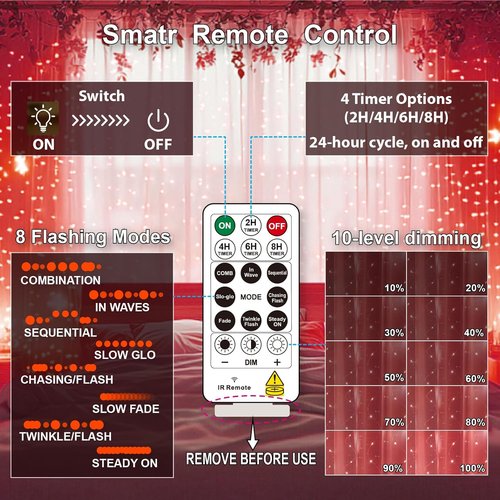 HXWEIYE 300LED Fairy Curtain Lights - 9.8x9.8Ft USB Plug-In with Remote | 8 Modes for Wedding & Bedroom Decor, Red