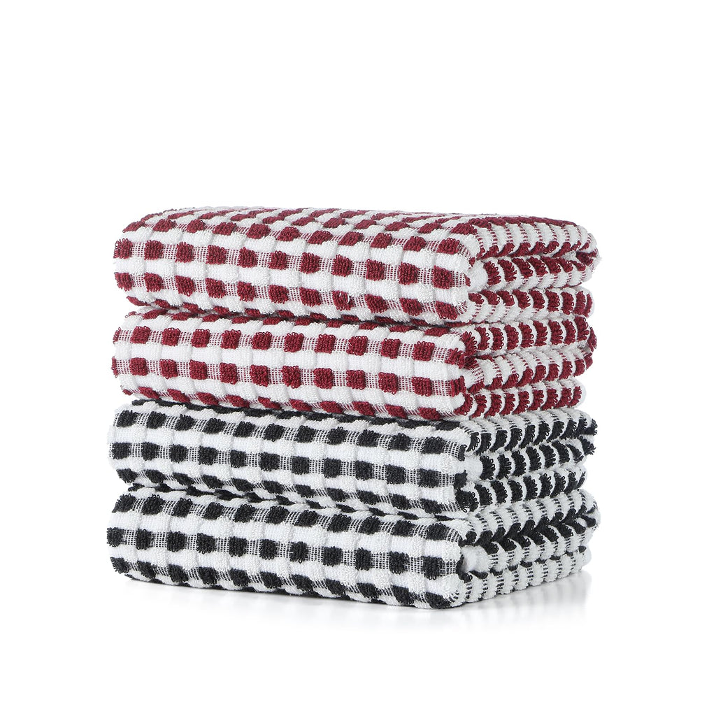 SALAS Cotton Dish Towels Cloths for Kitchen Drying Dishes, Lattice Terry Kitchen Towels, Absorbent Cloths with Hanging Loop, 16‘’ x 26‘’, 4 Packs, Wine Red and Black
