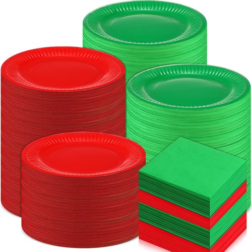 Layhit Christmas Plates and Napkins Red Green Christmas Party Supplies Set Disposable Paper Dessert Plates and Napkins for Party(400 Pcs)