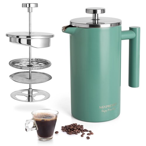 Mixpresso Green Stainless Steel French Press Coffee Maker 26 Oz 770 Ml, Double Wall Insulated French Press Stainless Steel, Easy Clean Tea Brewer, Easy Press Durable Metal Coffee Press