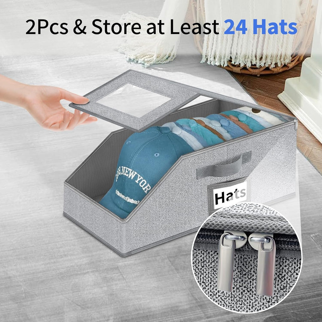 Aokeyee Hat Organizer - 2PCS Stackable Storage with Clear Window Lid & Flip-Top Access | Grey