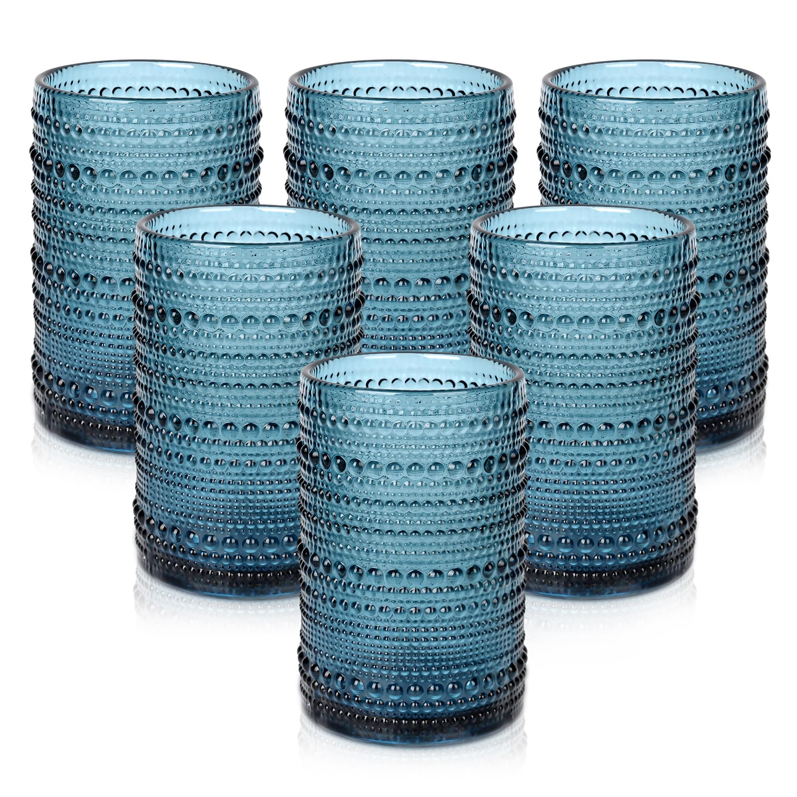 ZMOWIPDL Vintage Glassware Drinking Glasses Set of 6,15 oz Hobnail Glass Cups,Embossed Blue Water Tumbler,for Beer,Cocktail,Whiskey,Juice and Various Mixed Drinks- 1 Cleaning Brush