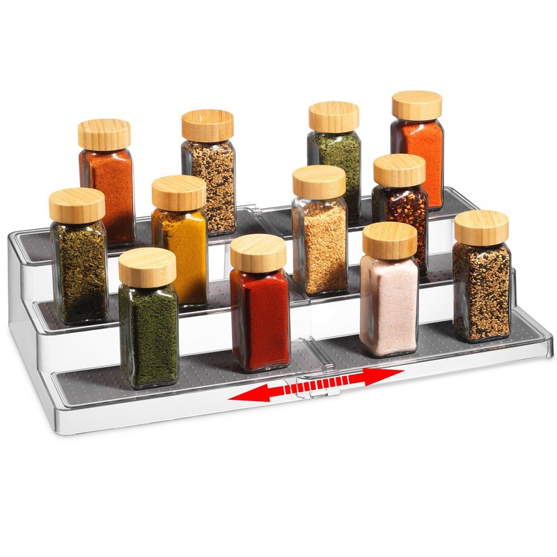 Oizeir Expandable Spice Organizer Rack - 3-Tier - Clear Adjustable Tiered Shelf Spices Organization for Kitchen Cabinet and Pantry Storage