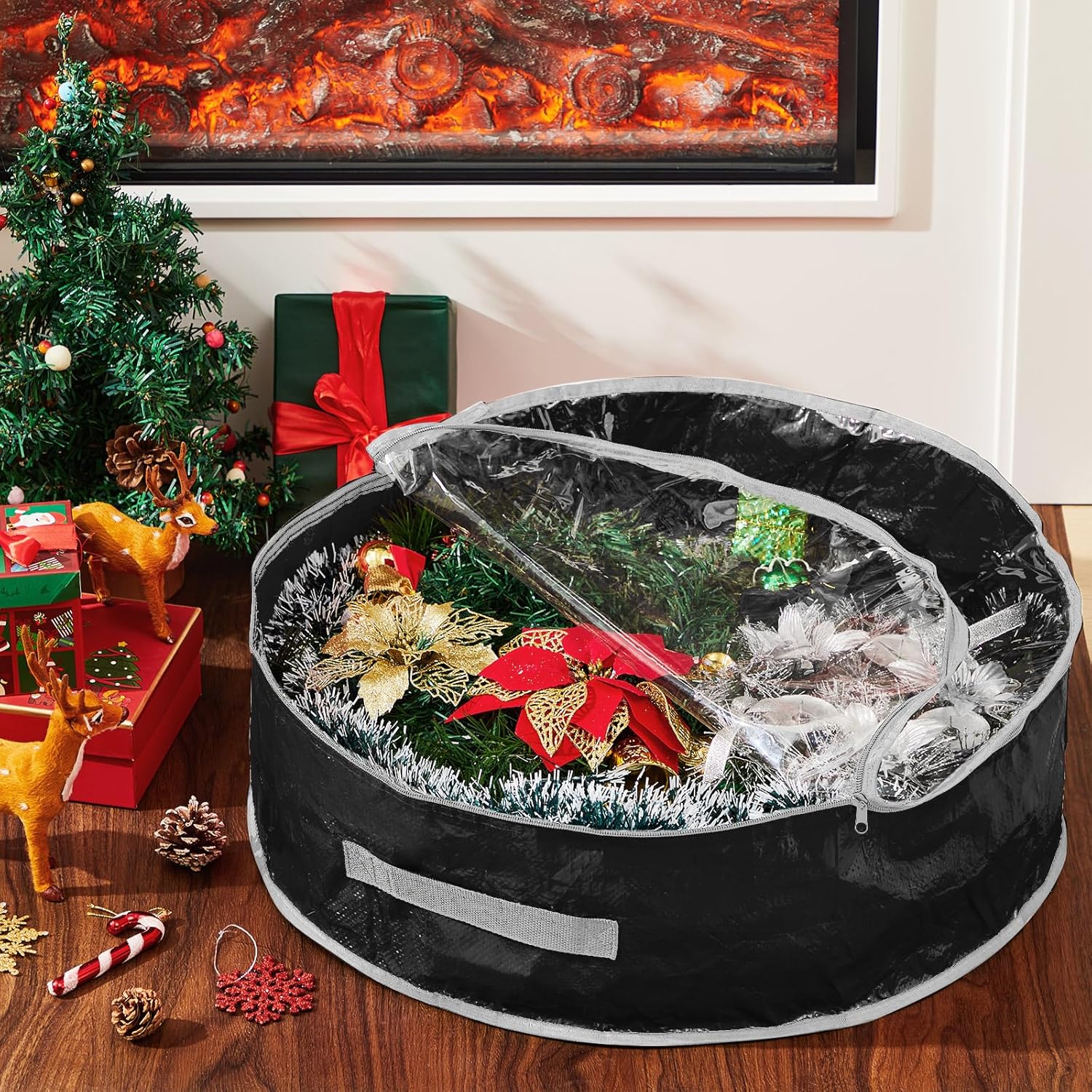 Regine Switzerland Christmas Wreath Storage Bag - 4 Pcs with Clear Window, Zipper & Handle | 36" Black Container