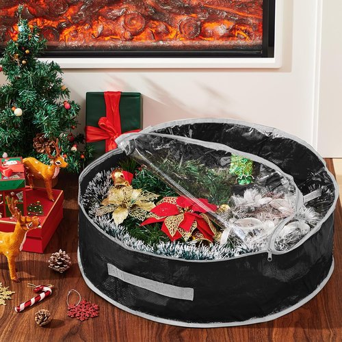 4 Pcs Christmas Wreath Storage Bag - Clear Window, Zipper & Handle for Holiday Garland | Black, 30"