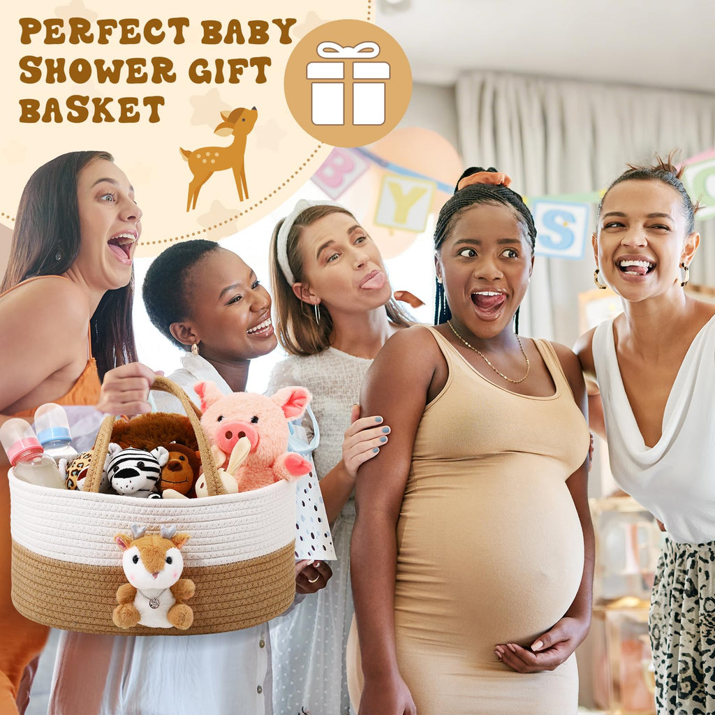 FoldTier Cute Deer Diaper Caddy Organizer Cotton Rope Woodland Nursery Storage Bin Basket Baby Shower Basket Gift Portable Holder Tote Bag with Handle for Changing Table Car Travel(L)