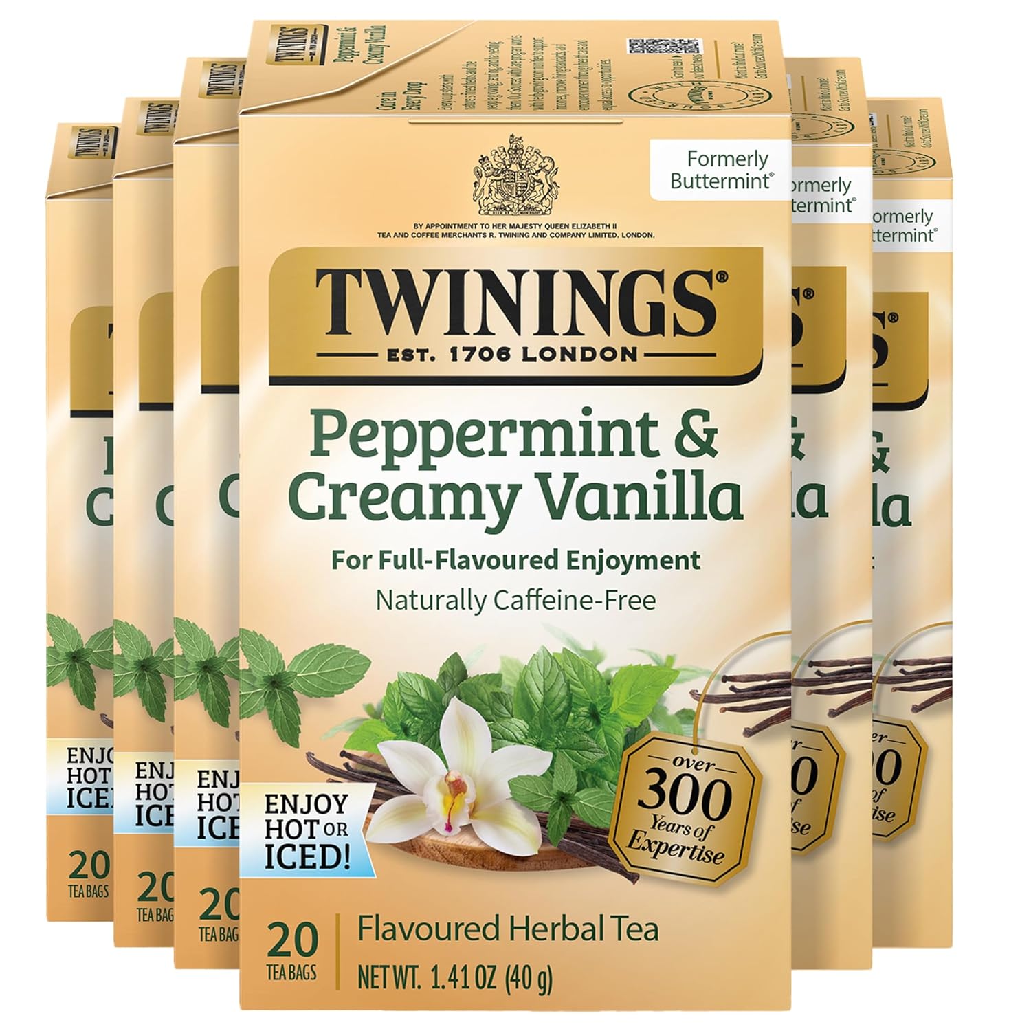 Twinings Peppermint & Creamy Vanilla Herbal Tea - Caffeine-Free, 20 Individually Wrapped Bags (Pack of 6)