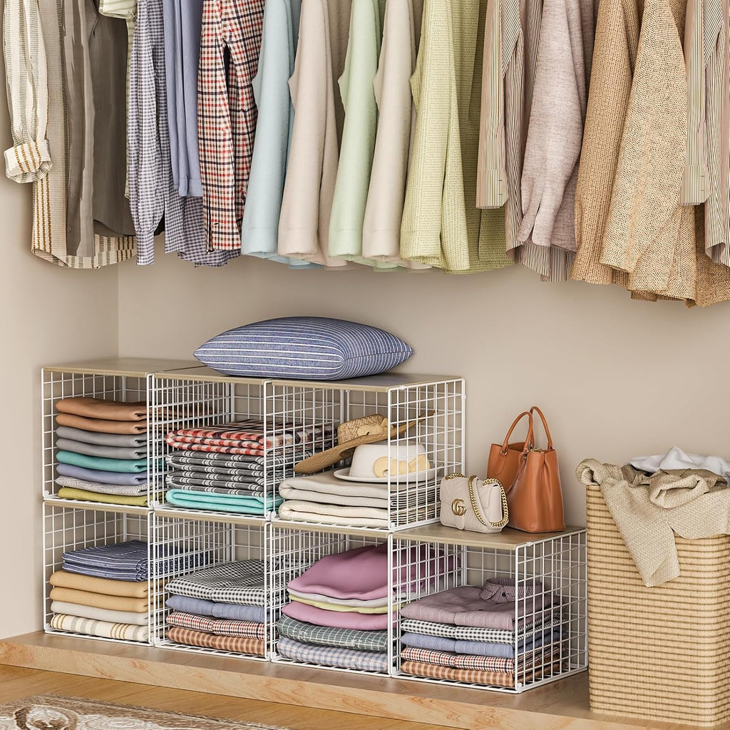 Skiennix Stackable Closet Organizers - Durable White Storage Bins with Wood Top for Wardrobe Organization
