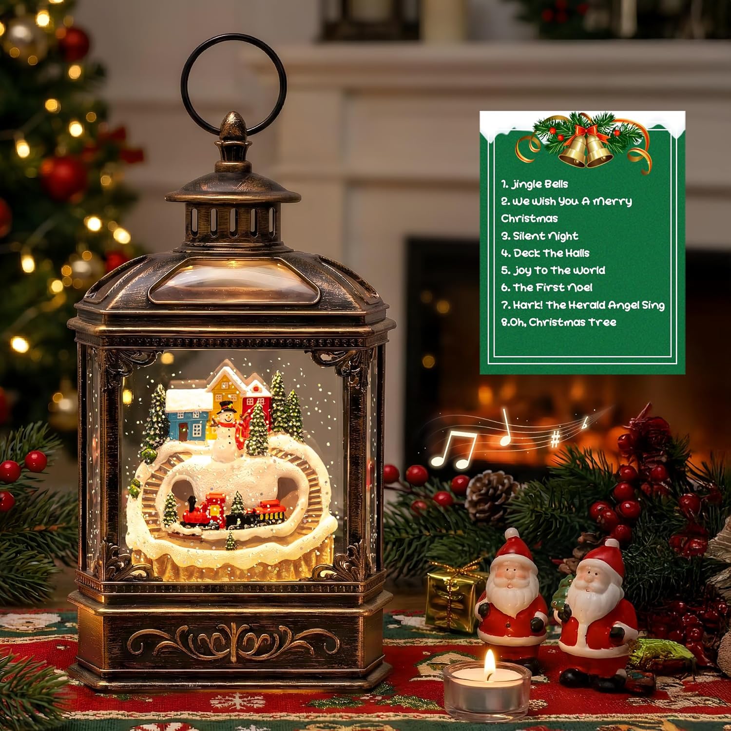 VISFLAIR Snow Globe Lantern - Musical Lighted Christmas Village with Snowman & Train | Battery Operated or USB Powered