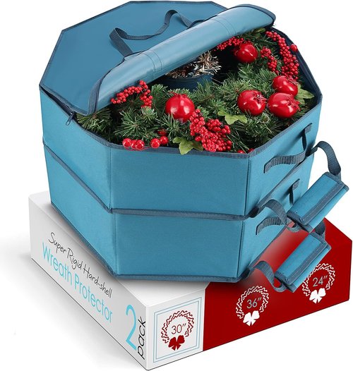 Hearth & Harbor Wreath Storage Organizer Box - Premium Hard Shell Christmas Bag with Dual Zipper & Pockets | 30" Blue