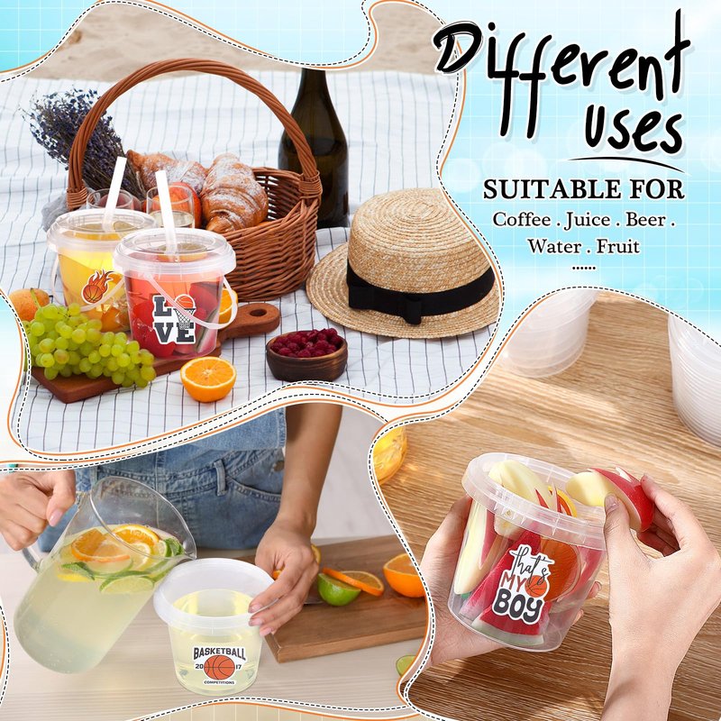 Funnymoom 30 Sets Clear Plastic Cups 24 oz Ice Cream Buckets with Lids & Straws Disposable Drink Cups Cocktail Pails Bulk with Handles and Stickers for Outdoor Beach Birthday Pool Party(Halloween)