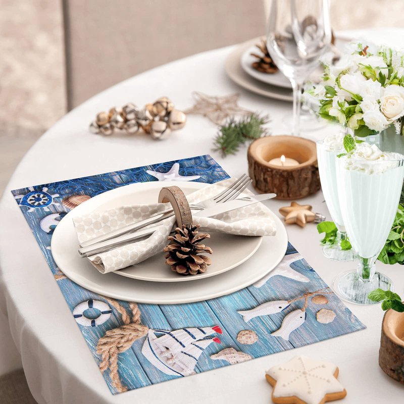 Blue Placemats Set of 8, Summer Nautical Theme Starfish Shell Fishnet Non Slip Heat Resistant Linen Fabric Cloth Place Mats, Washable Holiday Party Dining Table Mats for Coastal Home Kitchen Decor
