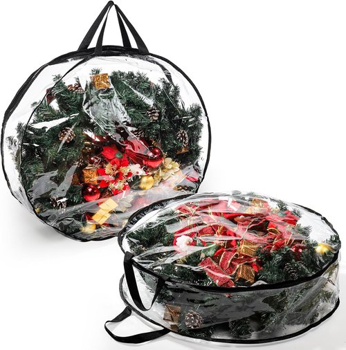Hedume Wreath Storage Bag - 2 Pack Clear 30" X 8" Container with Dual Zipper and Reinforced Handle