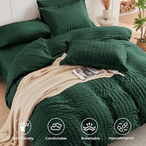 HYMOKEGE King Size Comforter Set - Emerald Green Seersucker 7-Piece Luxury Bedding Set