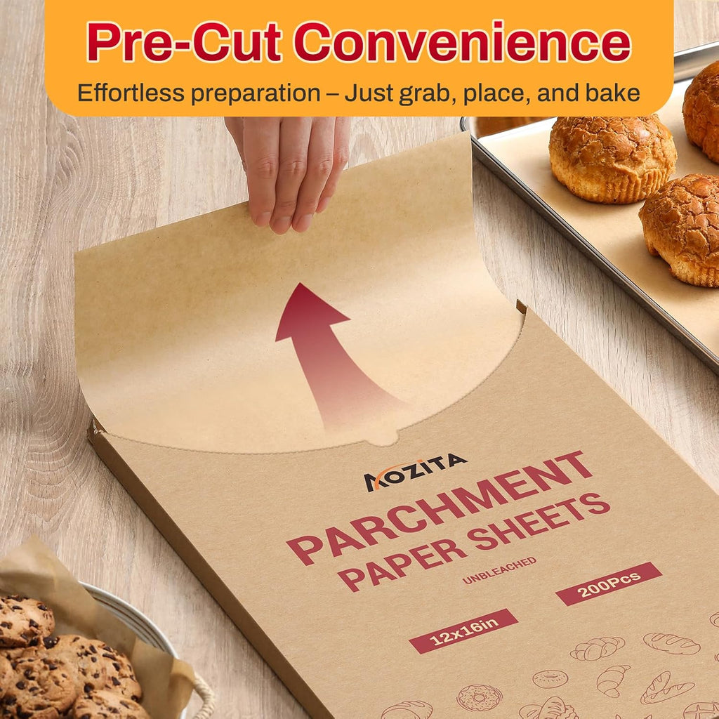 Unbleached Parchment Paper Sheets by [Brand Name] - 200 Pcs, 12x16 Inch, Non-Stick for Baking & Cooking