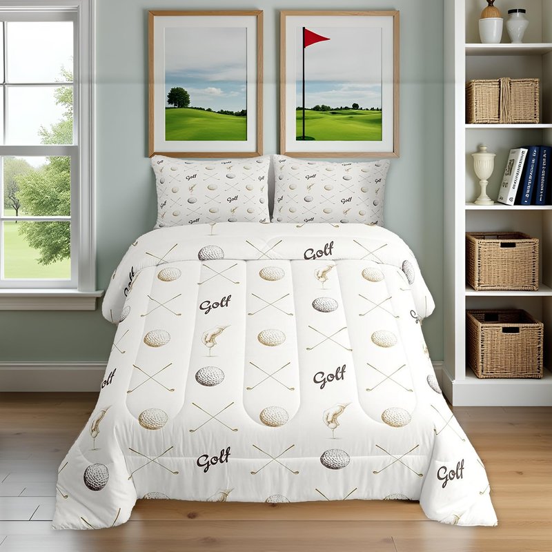 Golf Comforter Set Full Size for Kids Teens Adults Men Home Room Decor,Ball Sports Game Lovers Bedding Set 3pcs,Gray Brown Sketch Golf Quilt Set Seasons Soft Bedspread with 2 Pillowcases