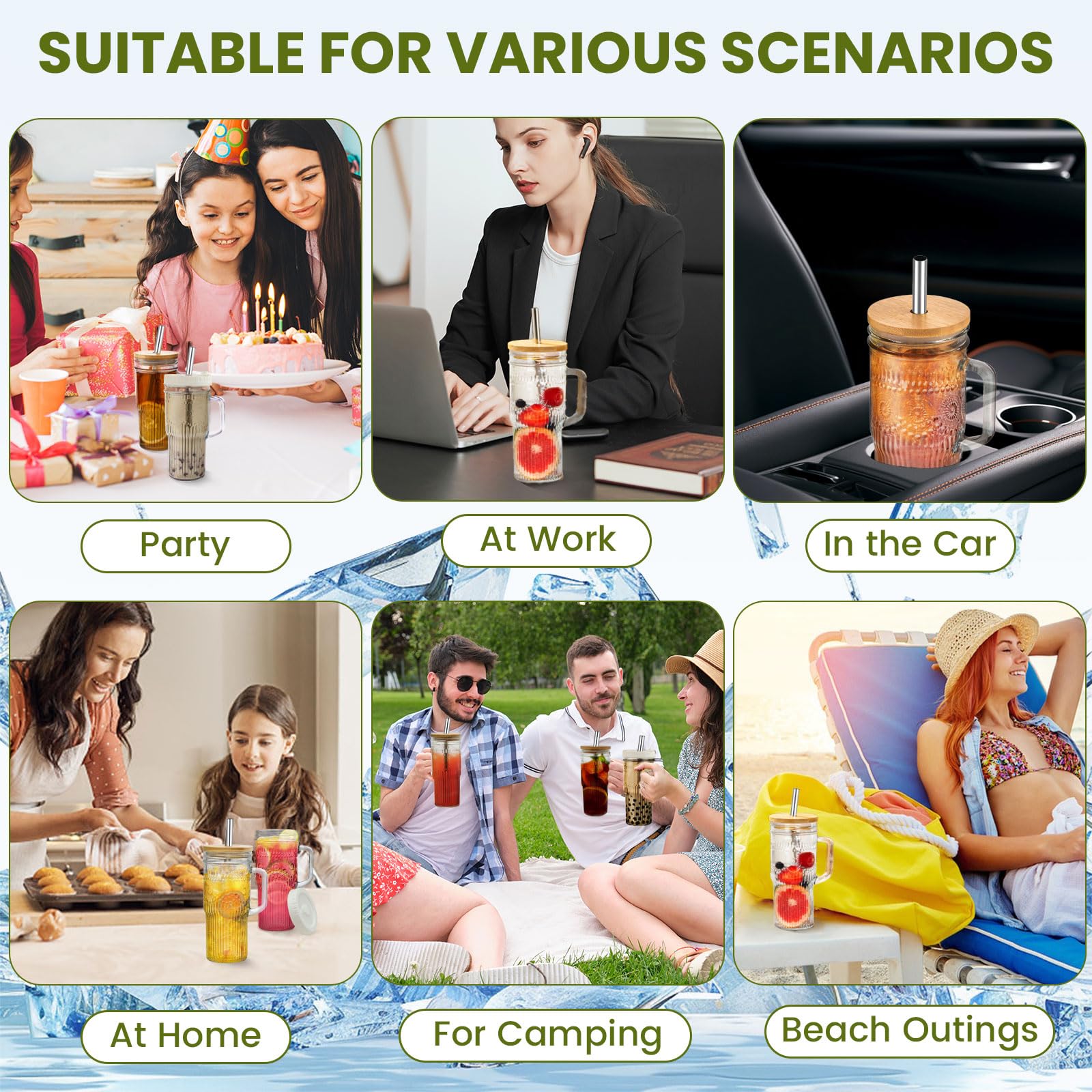 OTOB 4 Pack Glass Tumbler with Straws and Lids, Boho 24oz Iced Coffee Cup Mason Jar Cups, Smoothie Cup with Handle Bamboo Lid, Wide Mouth Boba Drinking Water Glasses for Beer Fruit Water Tea Coffee