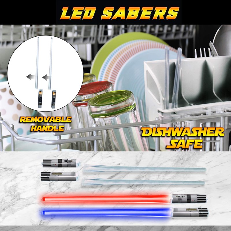 LIGHTSABER CHOPSTICKS LIGHT UP STAR WAR LED Glowing Light Saber Chop Sticks REUSABLE Sushi Lightup Sabers -Removable Handle Dishwasher Safe -Premium GIFT BOX and CARRY POUCH Included - Red - 1 Pair