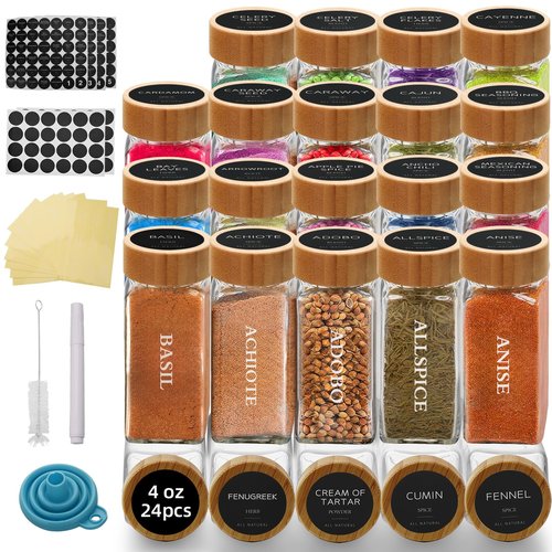 eispap 24 Pcs 4 OZ Glass Spice Jars with Bamboo Lids, Glass Jars with Minimalist Farmhouse Spice Labels Stickers, Collapsible Funnel, Seasoning Storage Bottles for Spice Rack, Cabinet, Drawer (24)