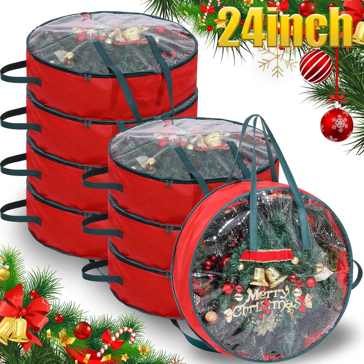 Shappy Wreath Storage Bag - 8 Pcs Clear Box with Window & Handle for Holiday Decor | Red