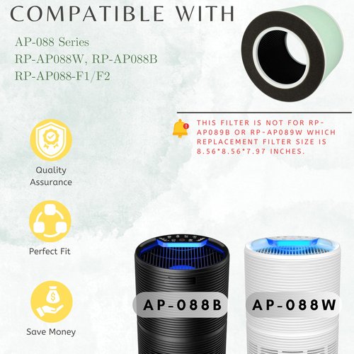 Nispira RP-AP088-F1 RP-AP088 Replacement Filter for RENPHO Air purifier RP-AP088W RP-AP088-F2 H13 4-in-1 HEPA Activated Carbon, 3 Packs