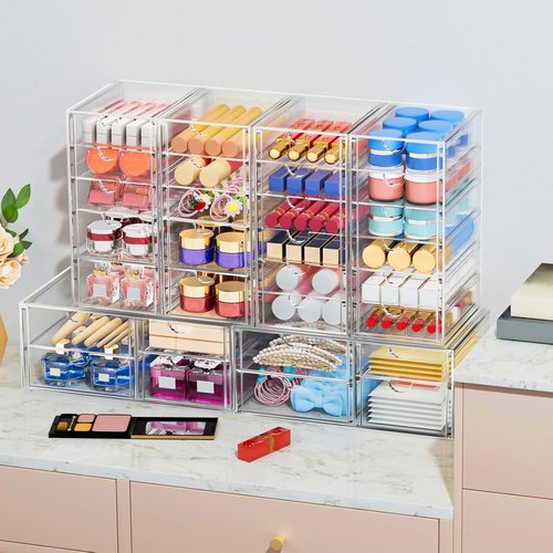 Caktraie Desk Organizer - 22 Drawer Plastic Storage Bins for Office & Makeup | 4-Pack Set