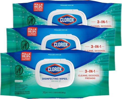 Clorox Disinfecting Wipes - Bleach-Free Fresh Scent - 75 Count, Pack of 3 for Effective Cleaning