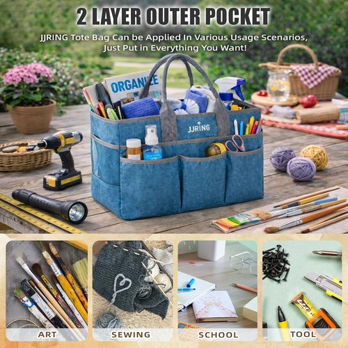 JJRING Large Art Supply Storage Tote Bag - Sturdy Craft Organizer with Mesh Pockets | Green, Foldable Design for Artists & Teachers