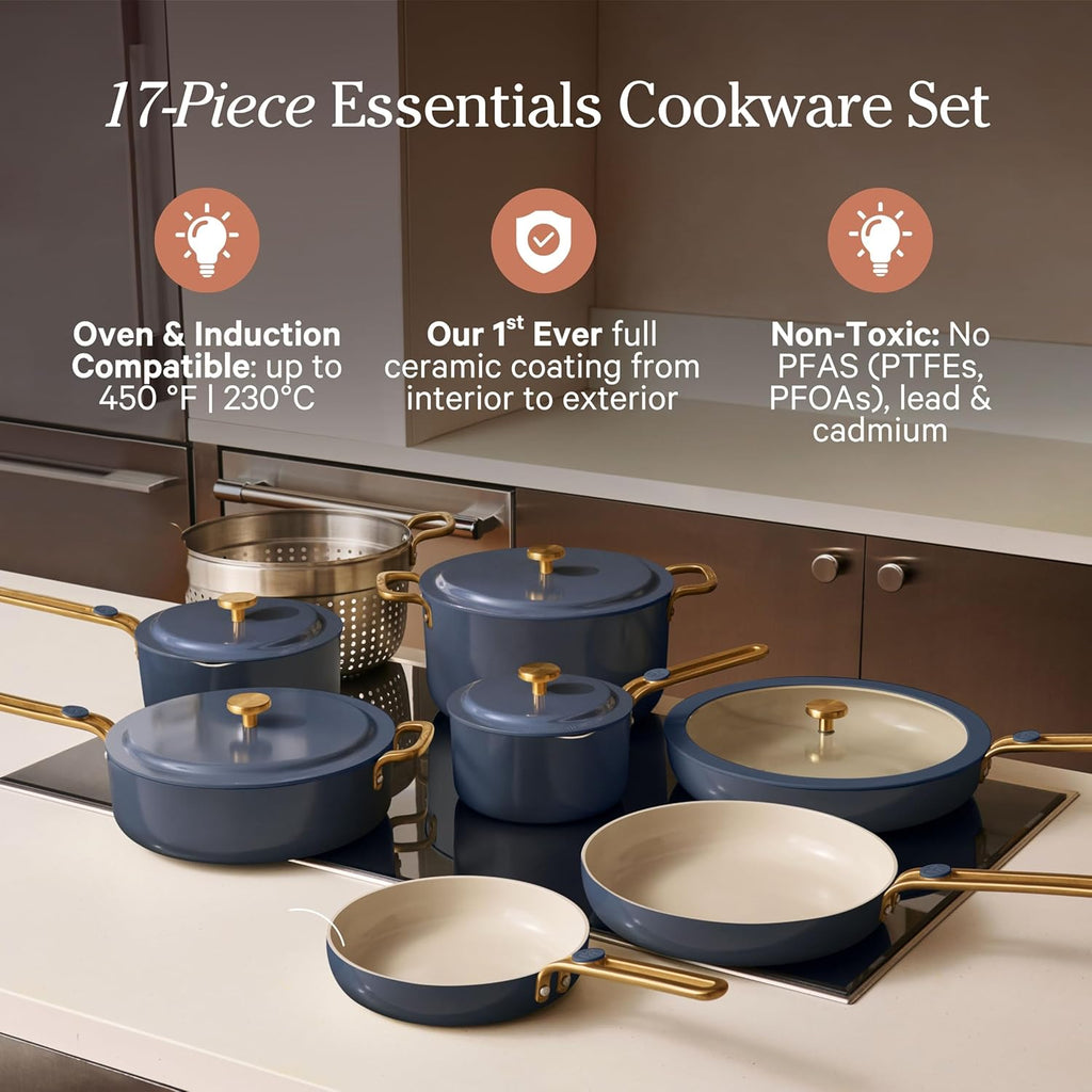 Our Place 17-Piece Complete Cookware Set - Nonstick Ceramic Fry Pans, Saucepans & More | Oven Safe to 450°F | Blue Salt